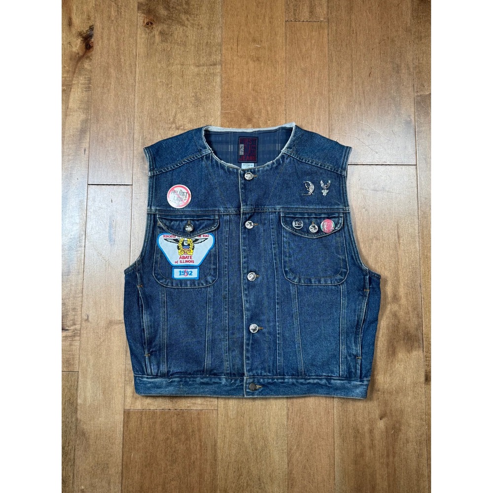 Gitano Denim‎ Jean Jacket Vest Patchwork Men's Lg Vtg Biker Outdoor Pins Y2K